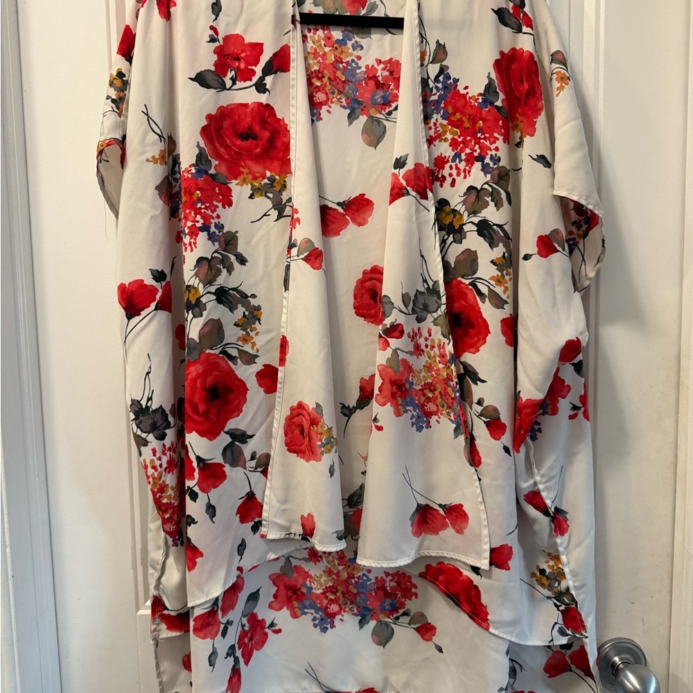 Floral Kimono with Red and Black Accents